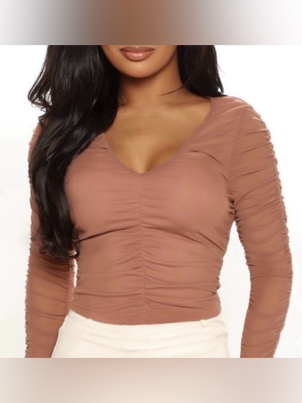 Fashion Nova Brown Nude Carlota Ruched Mesh Longsleeve Top - Small